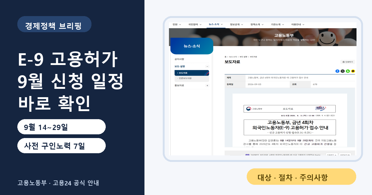2026년 4회차 E-9 고용허가 신청 | 9월 14~29일 사업주 준비사항